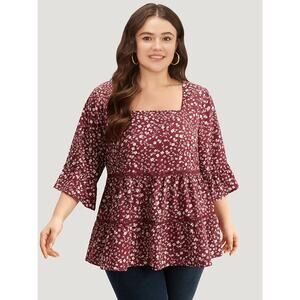 BloomChic Silhouette Floral Print Lace Patchwork Square Neck Flutters Blouse 12